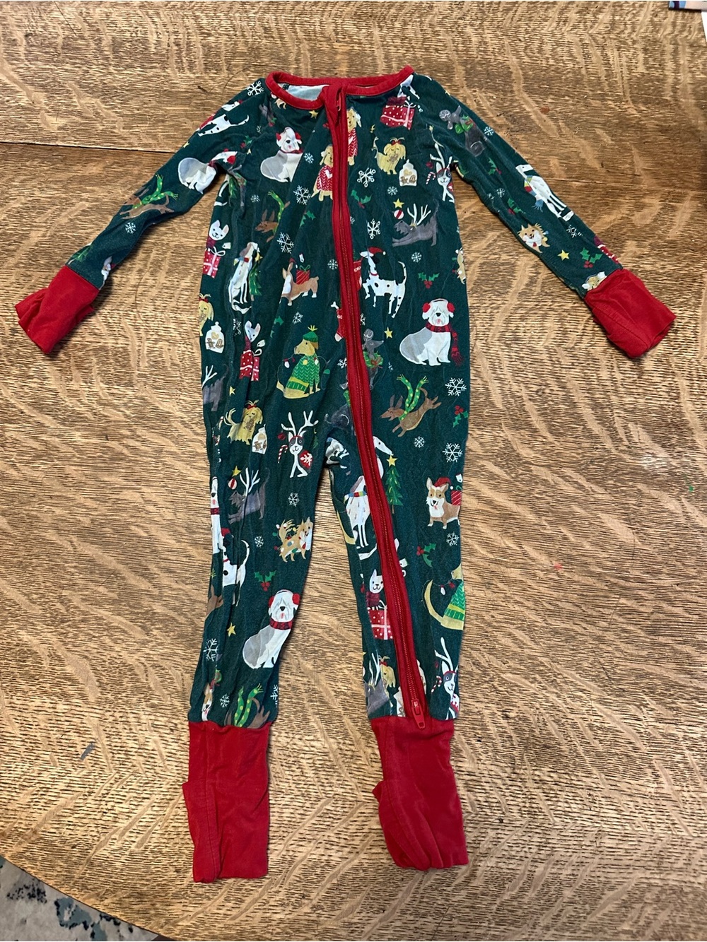 Little Sleepies Dog Holiday Green & Red One-Piece Pajamas - Cozy Zip Front